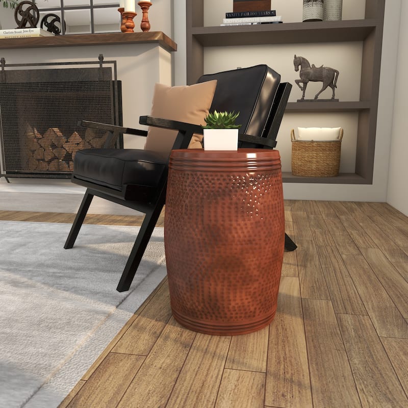 Metal Drum Handmade Accent Table with Hammered Design - Brown, Silver, Copper, or Gold - Roche River Decor