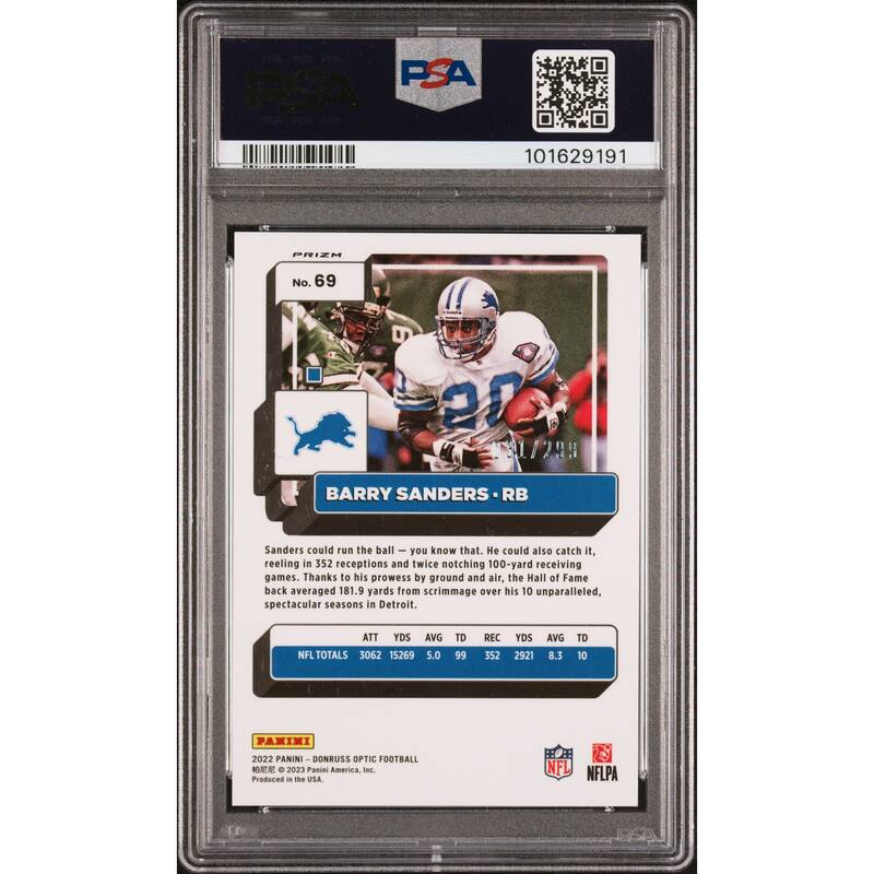Barry Sanders 2022 Panini Donruss Optic Aqua Blue Card #69 Auto PSA 9 31/299 - 8' x 11'