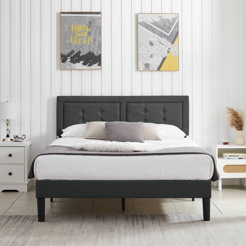 VECELO Bed Frame with Adjustable Headboard Upholstered Button Tufted Platform Bedframe with Wood Slats Support - Grey - Full