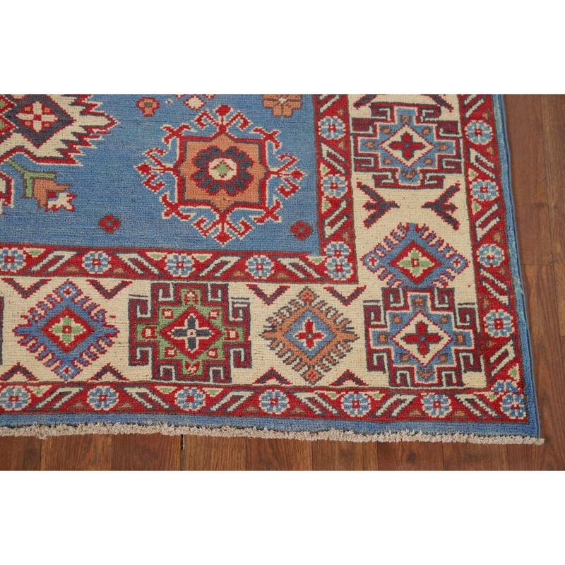 Blue Geometric Kazak Oriental Area Rug Handmade Wool Carpet - 4'10" x 6'7"