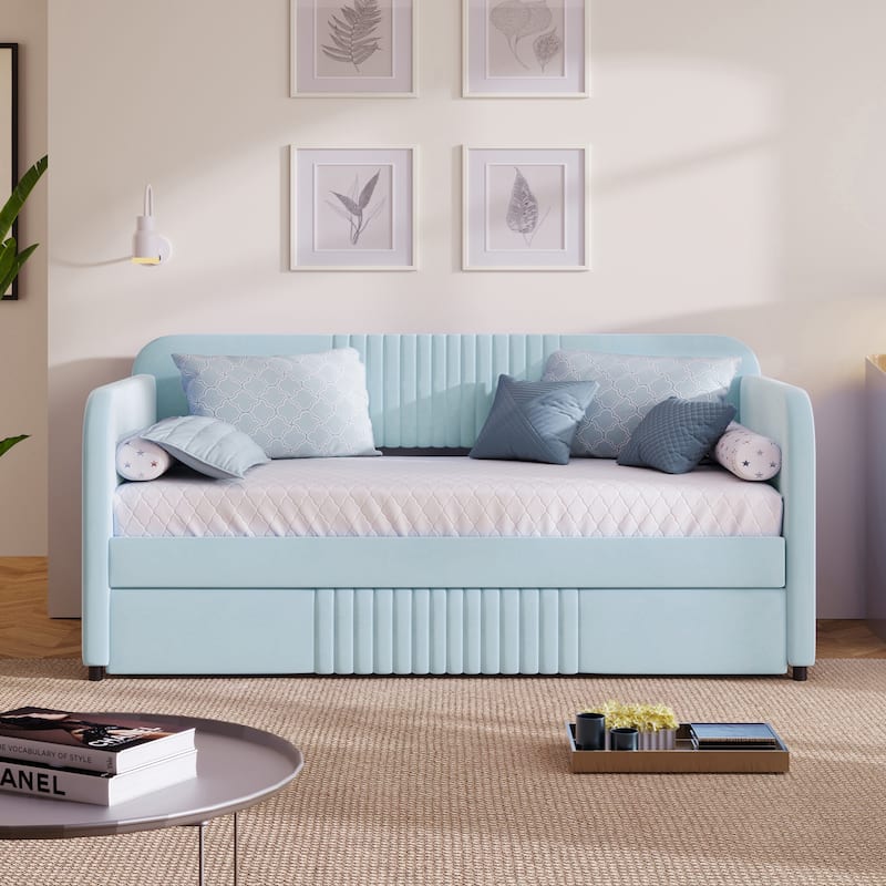 Velvet Upholstered Platform Bed Twin Size Daybed with Pull Out Trundle Bed and Wood Slat Support, No Box Spring Needed - Light Blue - Twin