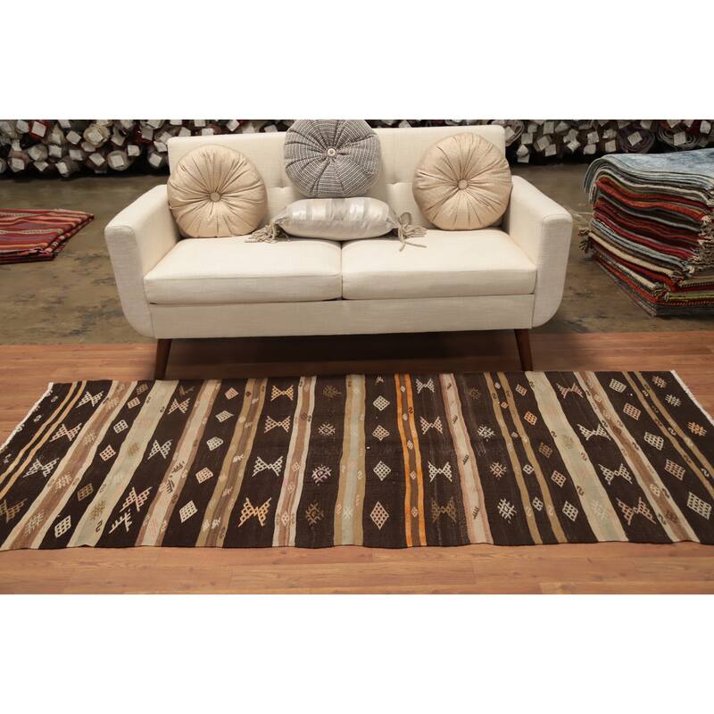 Hand Woven Oriental 100% Wool Carpet Southwestern Tribal Brown Kilim Runner Rug - 7' 7'' X 3' 3''