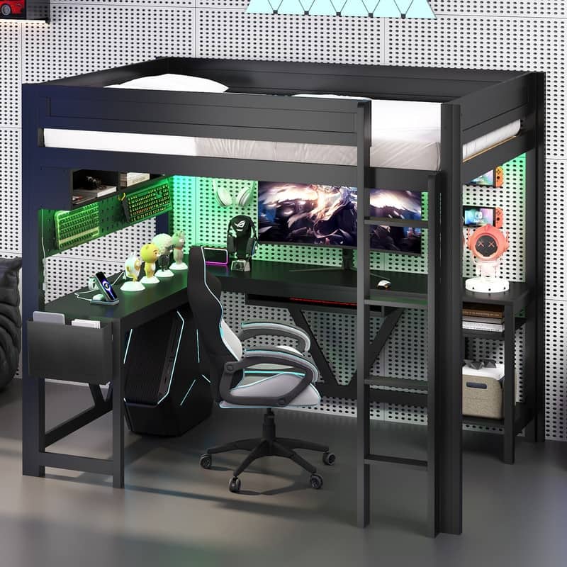 Wood Full Size Gaming Loft Bed with Desk, Storage Shelves, LED and Charging Station - Black
