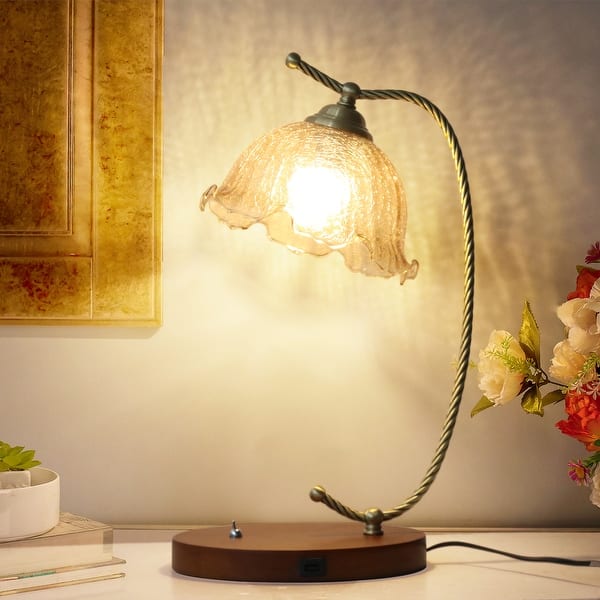 slide 2 of 10, Vintage Flower Glass Table Lamp with Wooden Base USB Charging Port - 6.6x20.2 inch Brown