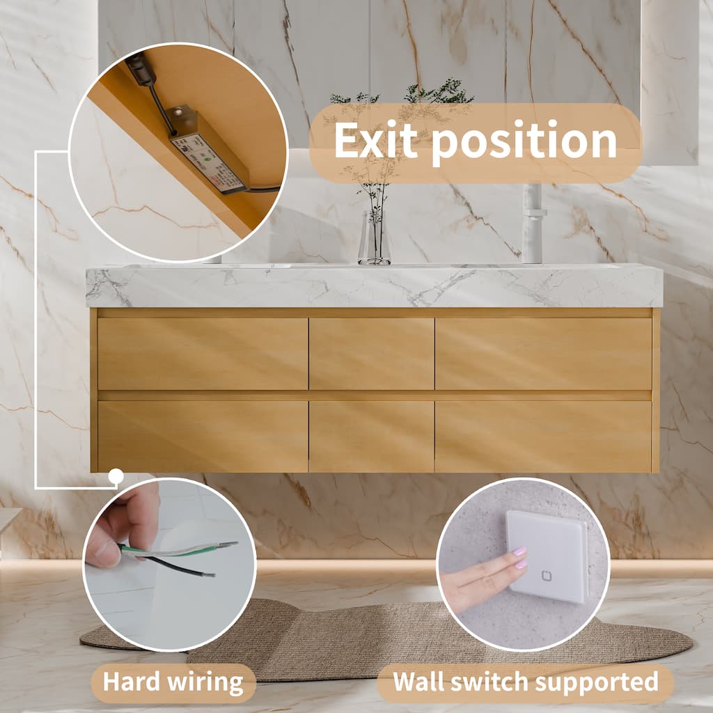 Modland 60" Wall-Mount Double Vanity with 6 Soft-Close Drawers & LED Lights - Maple Wood - 60 inch