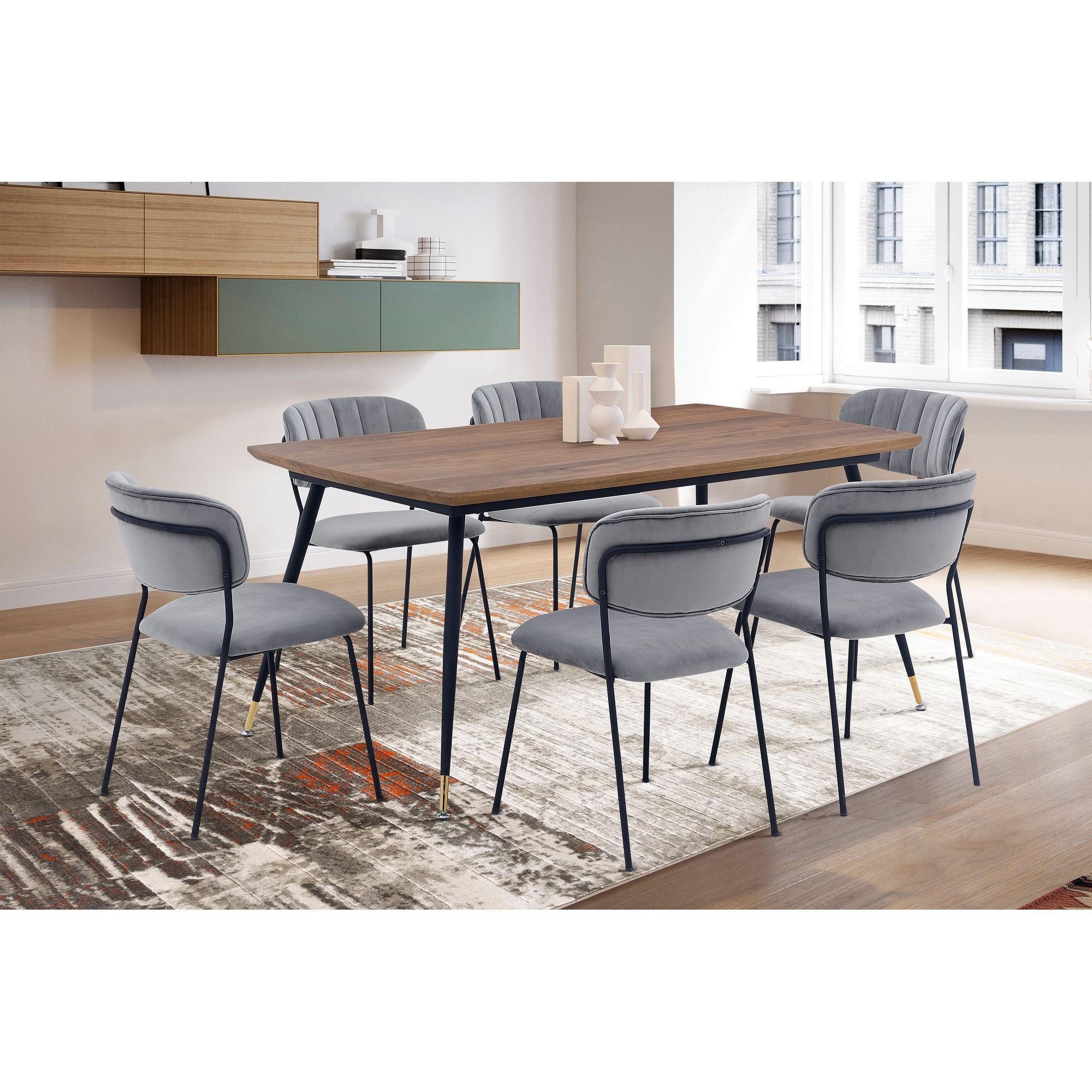 Messina and Carlo Gray Velvet 7 Piece Rectangular Dining Set