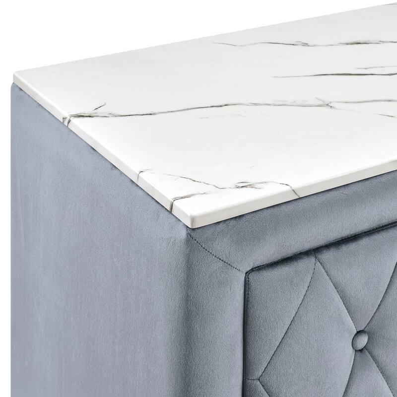 1pc Gray Nightstand Upholstery Fabric Faux Marble Top Two Storage Drawers Wooden Bedroom Furniture