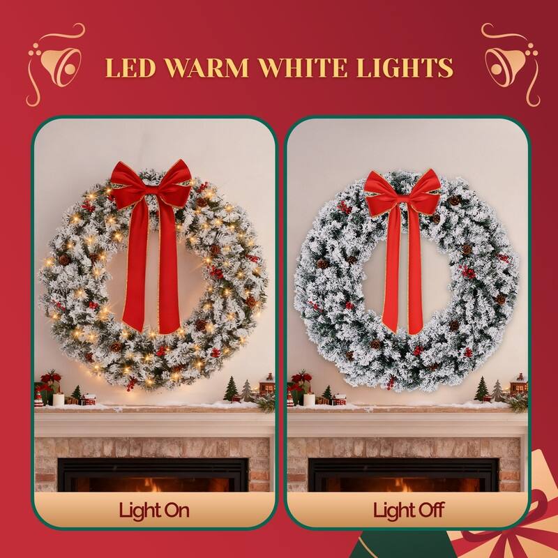 Pre-lit Snow Flocked Christmas Wreath, Lighted Artificial Xmas Wreath with Lights and DIY Ornaments, for Xmas Party Decorations