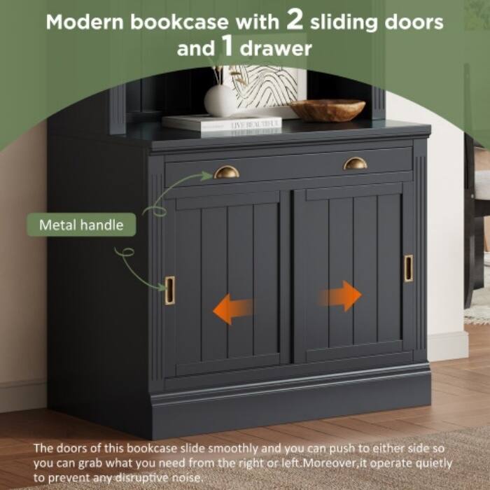 83.4" Modern Bookcase with Sliding Glass Doors & Open Shelves - Living Room/Office Storage