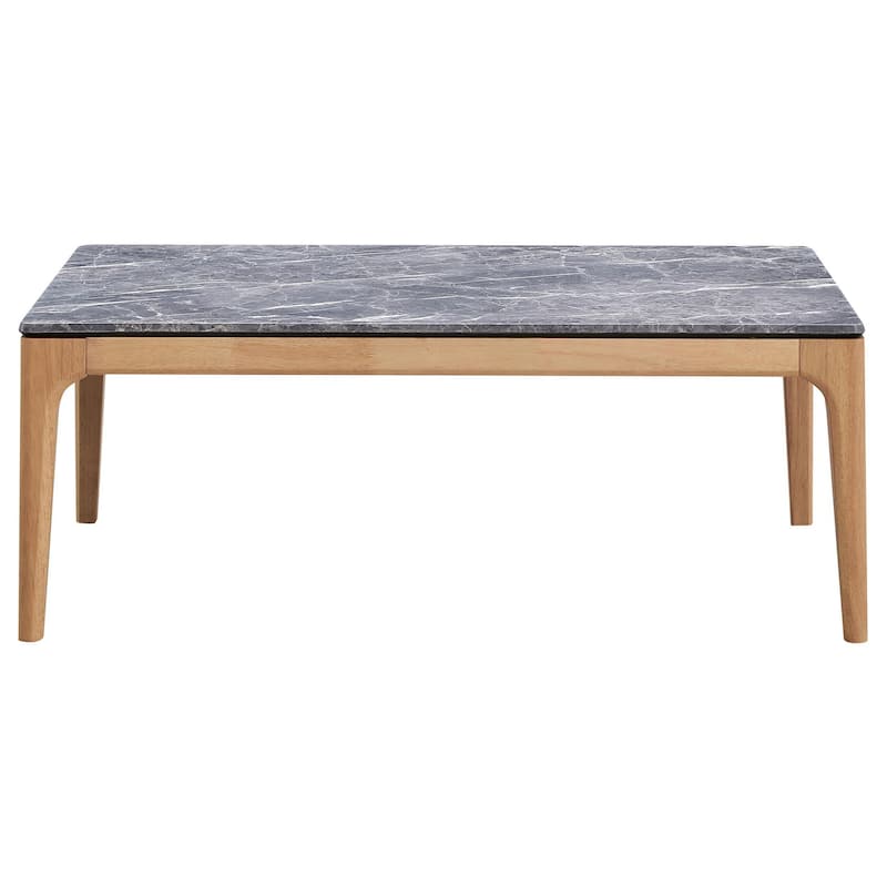 Aris Coffee Table, 47 Inch Gray Faux Marble, Rectangular Brown Wood