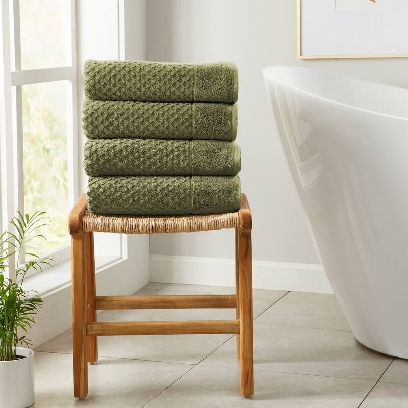 Linery & Co. Cotton Diamond Waffle Texture Bath Towels. - Bath Towel (Pack of 4) - Olive