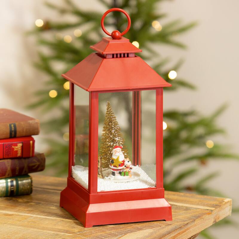 12" LED Lantern with Rotating Christmas Scene, Faux Snow, and Music