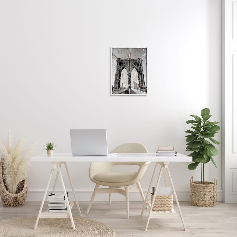 Stupell Brooklyn Bridge Geometric Cable Architecture Design Urban Photography Framed Wall Art - Grey