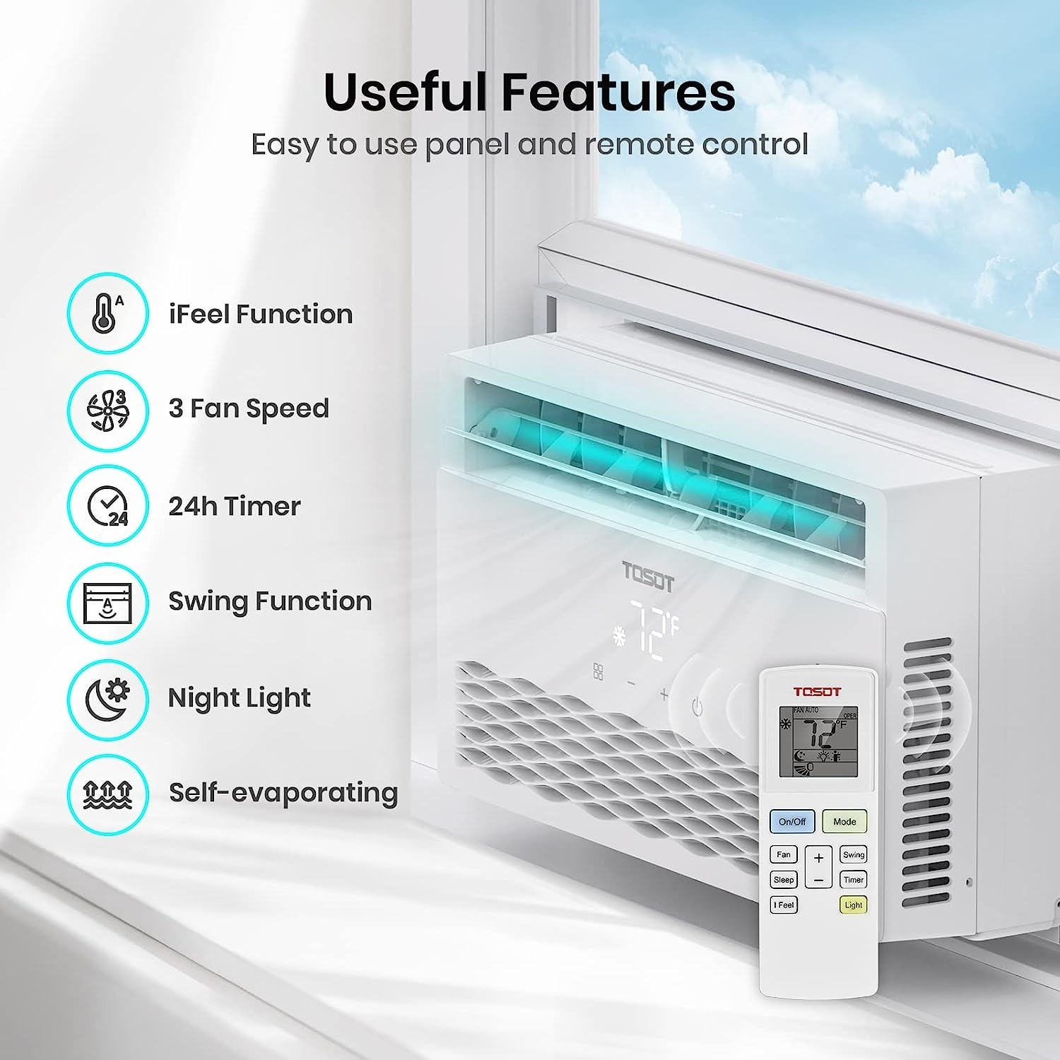 TOSOT 10,000 BTU Window Air Conditioner - Energy Star, Modern Design, and Temperature-Sensing Remote, Up to 450 sq. ft. , White