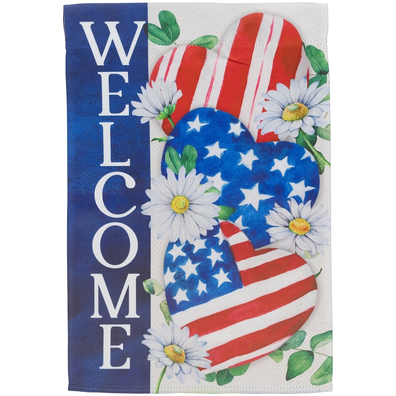 Stars and Stripes Hearts "Welcome" Americana Outdoor Garden Flag 18" x 12.5" - 18" x 12.5"