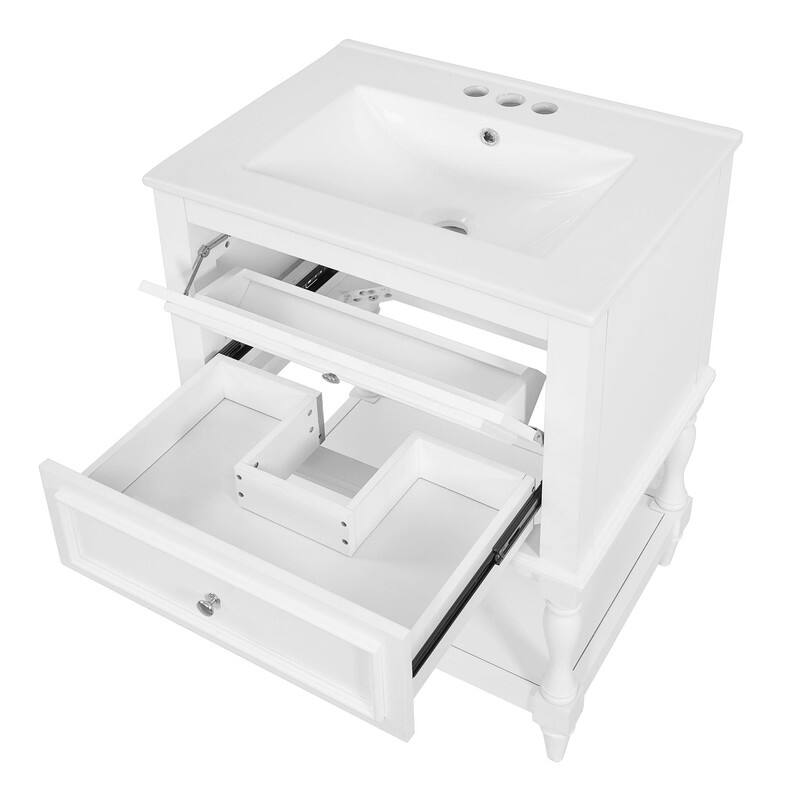 24" Bathroom Vanity with Ceramic Sink, Retro Open-Shelf Cabinet with 2 Drawers