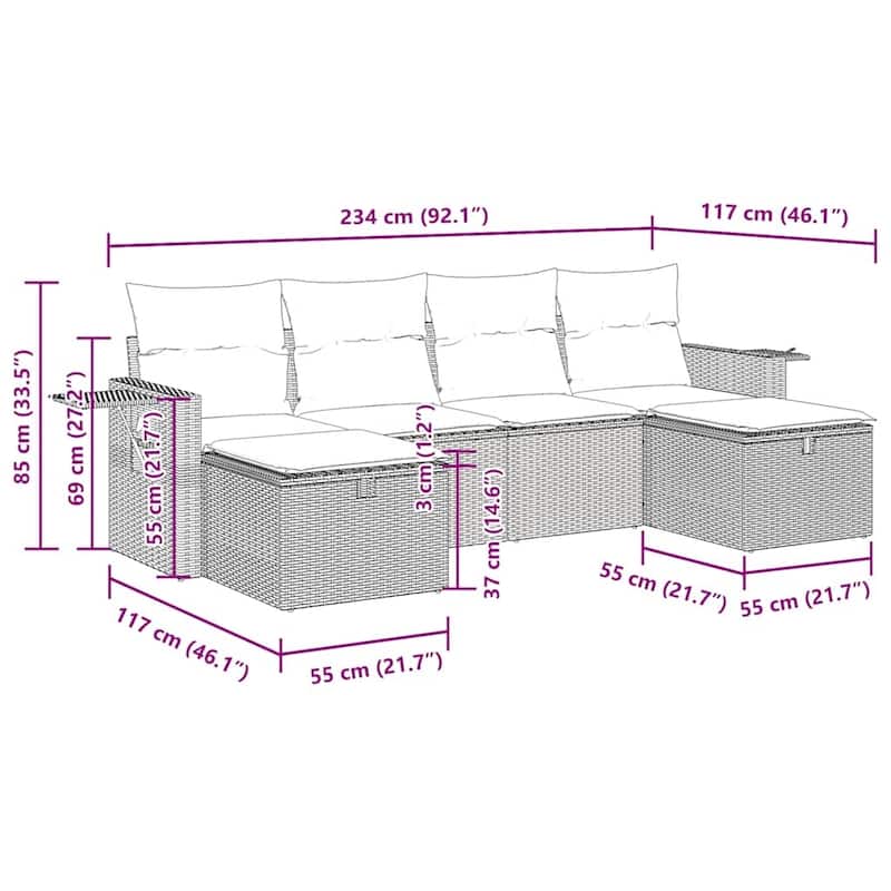 vidaXL Patio Sofa Set with Cushions Outdoor Furniture 6 Piece Poly Rattan