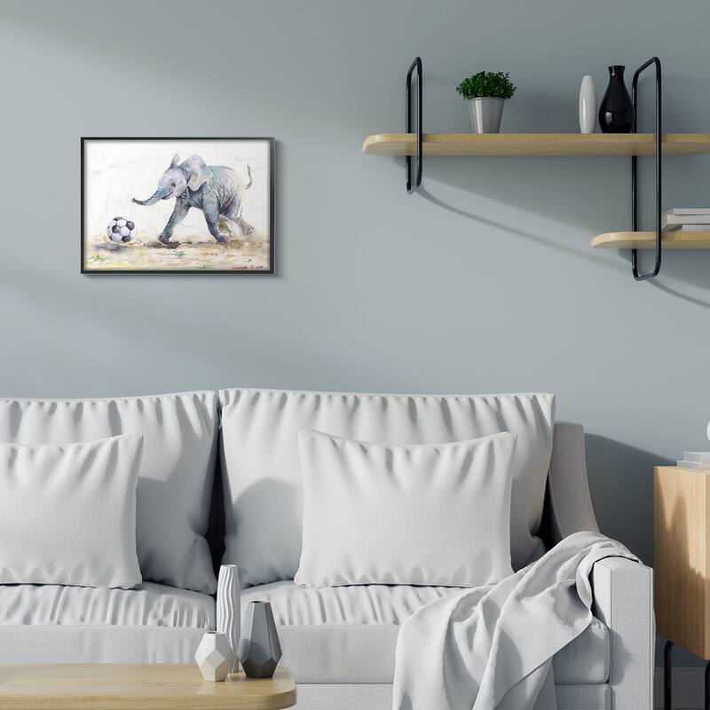 Stupell Elephant Baby Playing Soccer Adorable Jungle Animal Framed Wall Art