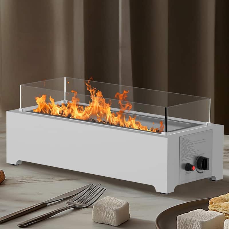 EROMMY 28" Propane Fire Pit Tabletop - 40,000 BTU Stainless Steel, Windshield & Crystal Stones, Indoor/Outdoor Use