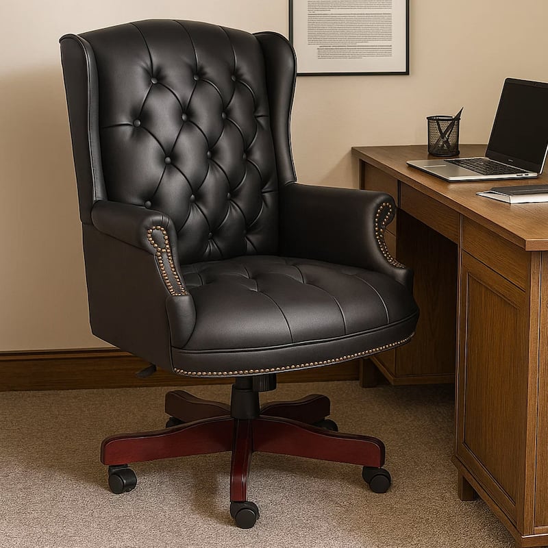 Saily Oversize Executive Chair, Traditional Wingback Black Tufted Vinyl