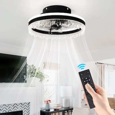 16" Black Modern LED Ceiling Fan Light with Remote & Crystal Design