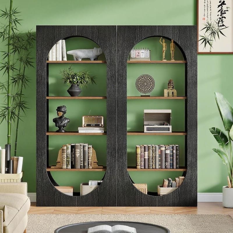Black Arch Bookcase 5 Shelf Tall Oval Front E1 Particle Board Book Shelf Storage Organizer for Living Room Office Bedroom