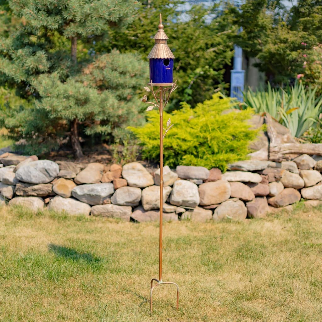 69" Tall Iron & Cobalt Blue Porcelain Birdhouse Stake "Cannes" - 9.25" L x 7" W x 69" H