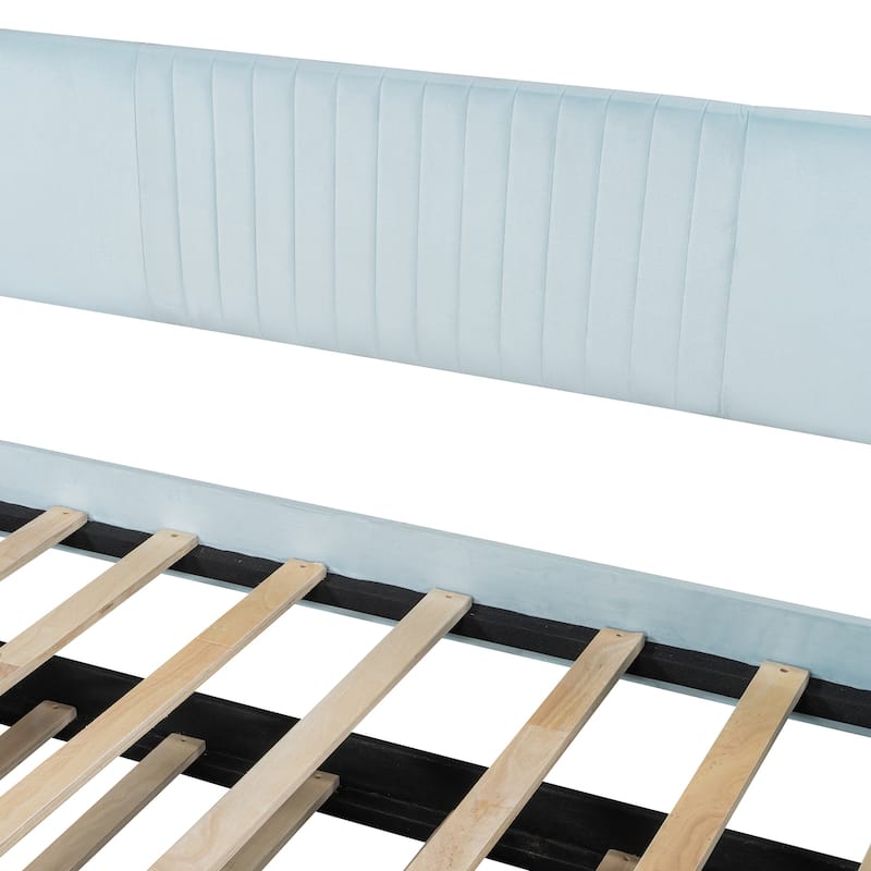 Velvet Upholstered Platform Bed Twin Size Daybed with Pull Out Trundle Bed and Wood Slat Support, No Box Spring Needed