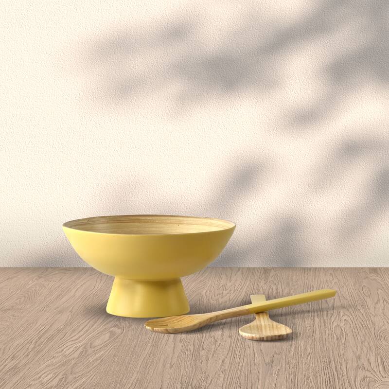 Tropics Bamboo Bowl and Utensil Set - Yellow