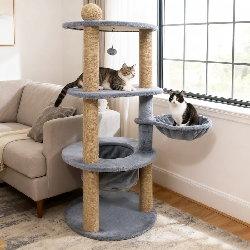 Gymax 48'' Tall Cat Towel w/Cat Nest Scratching Posts Ball Top Perch