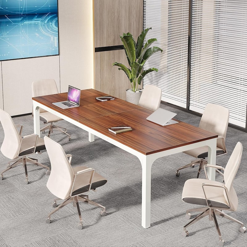 78.74" Large Rectangle Conference Table, Office Meeting/Seminar/Business Table Desk for Office Boardroom & Meeting Room - Brown+White