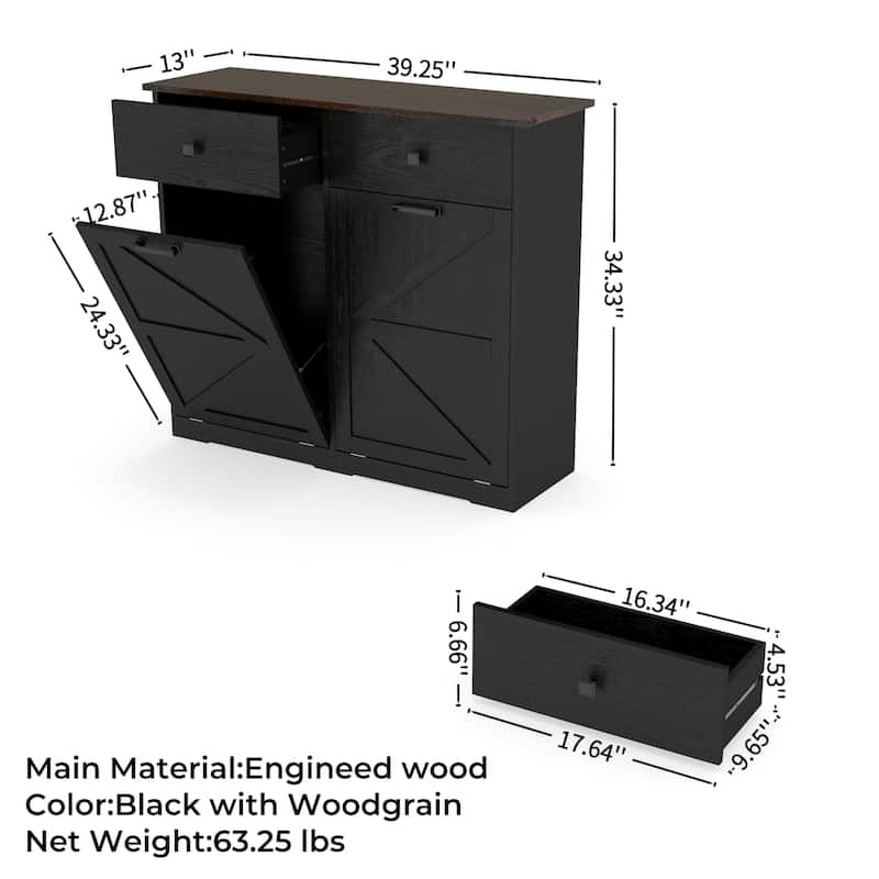 Farmhouse Double Tilt Out Trash Cabinet, Free Standing Recycling Cabinet with Hideaway Drawer, Barn Door Laundry Sorter Cabinet