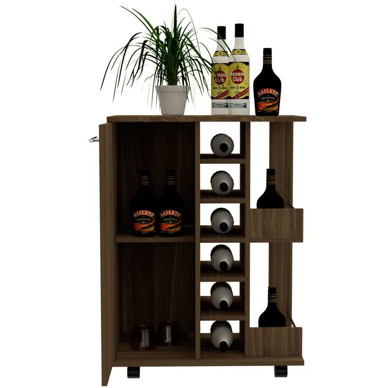 TUHOME Bar Cart, Two External Shelves, Four Casters, Six Built-in Wine Rack and Single Door Cabinet - 23" W x14"D x 32"H