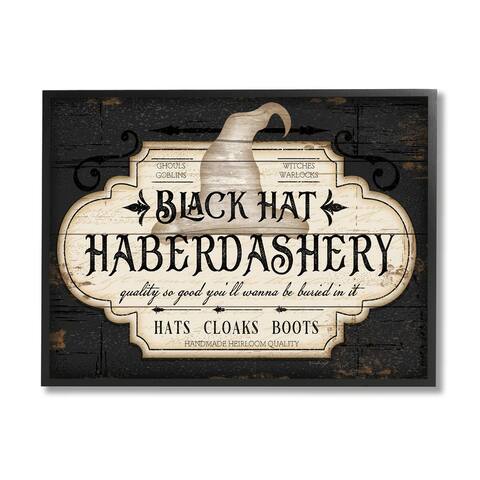 Stupell Industries Black Hat Haberdashery Halloween Sign Spooky Heirloom Quality Framed Wall Art