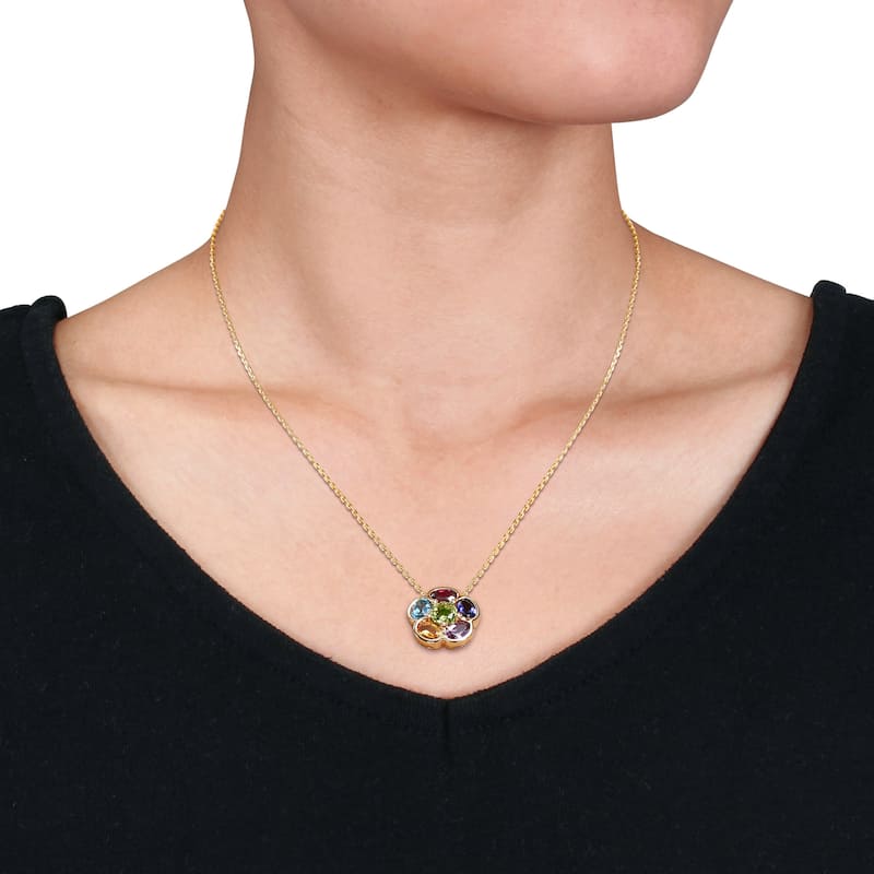 Miadora Yellow Plated Sterling Silver Multi- Gemstone Flower Necklace