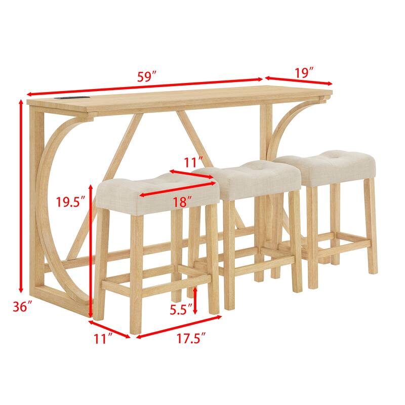 59" Bar Table Set with Power Outlet, Industrial Breakfast Table with 3 Stools, 4 Piece Counter Height Bar Table and Chair Set