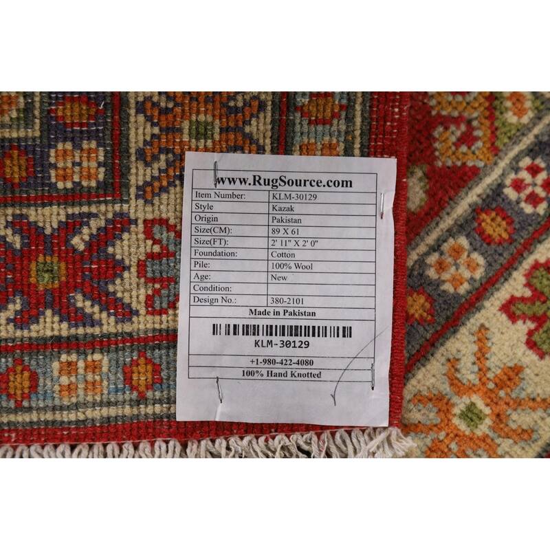 Geometric Kazak Oriental Foyer Rug Handmade Red Wool Carpet - 2'0" x 2'11"
