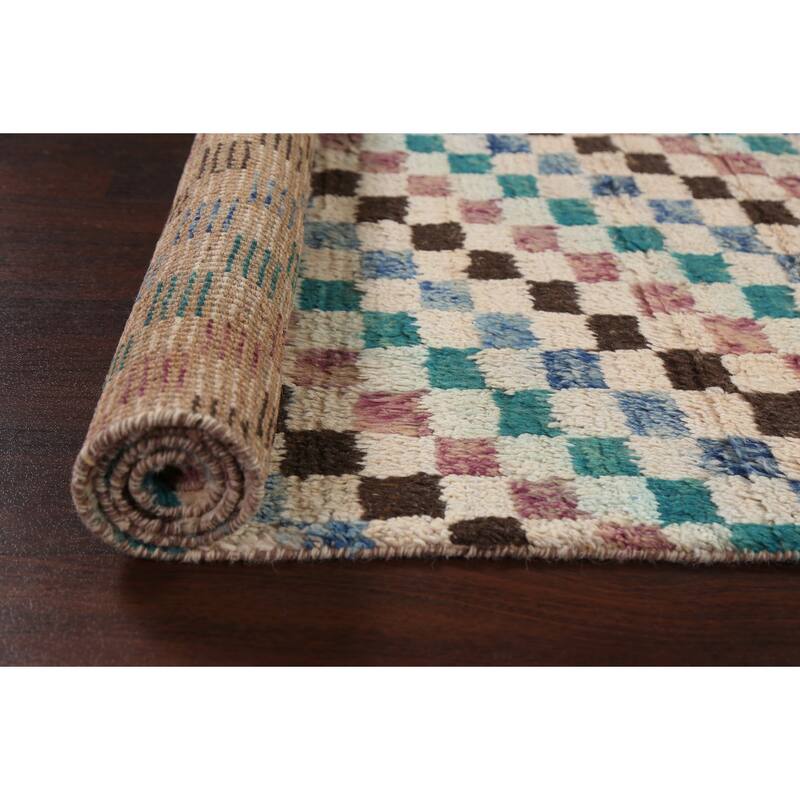 Modern Checkered Moroccan Oriental Wool Runner Rug Hand-knotted Carpet - 2'11" x 12'10"