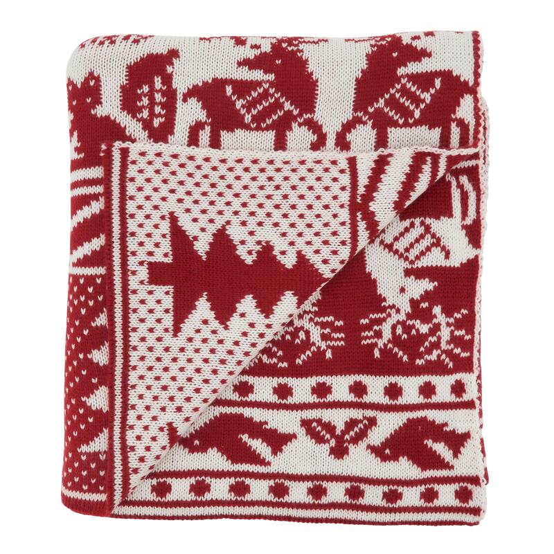 Knit Throw With Christmas Tree and Reindeer Design