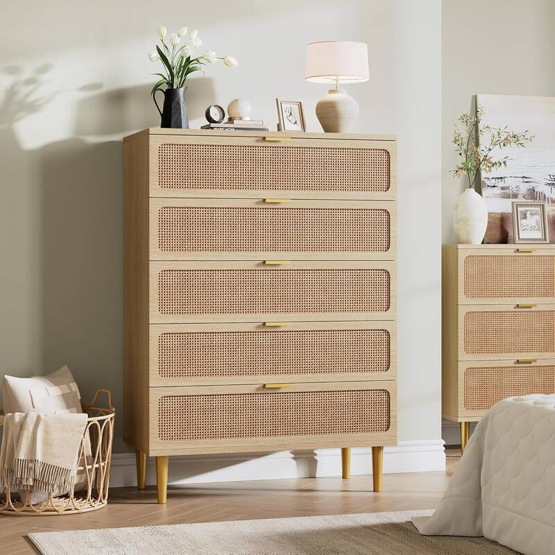 Rattan 5 Drawer Tall Dresser for Bedroom, Large Chest with Deep Drawers and Wide Top for Closet or Hallway - Natural