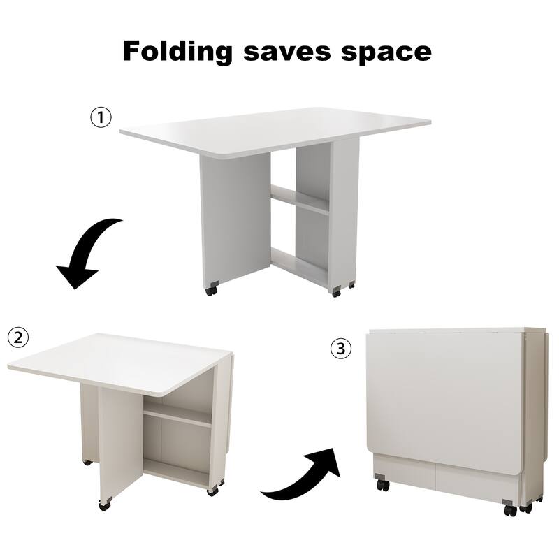 Space-Saving Drop-Leaf Table‌ – 47.2"L x 23.6"W x 30.3"H, White Finish With 6 Wheels & 2-Tier Storage Shelf (Foldable Design)