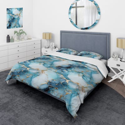 Designart "Celestial Gold And Blue Marble Pattern I" Blue Glam Bedding Cover Set With 2 Shams