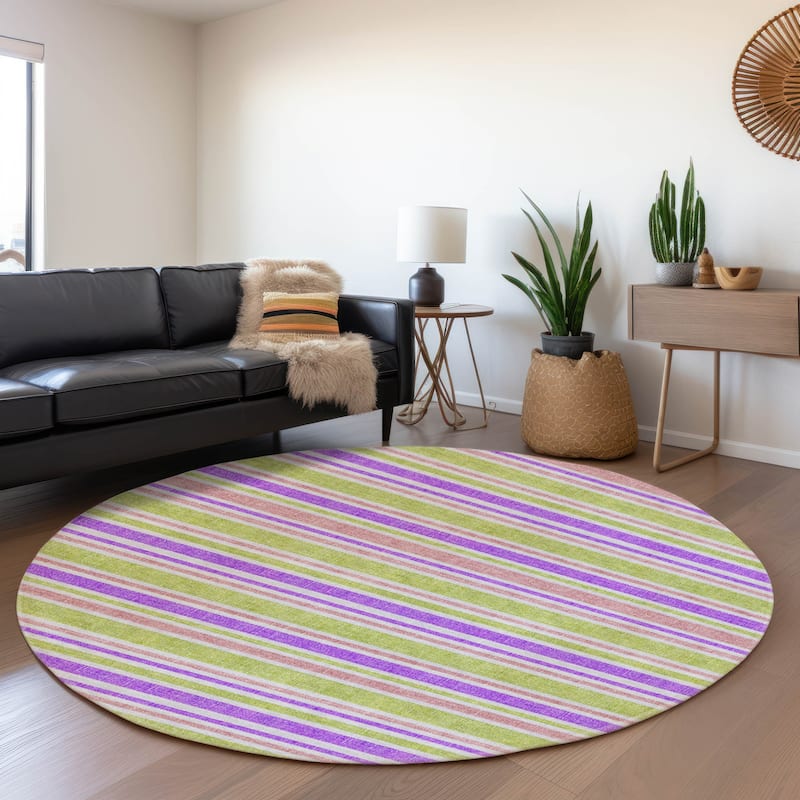 Premium Washable Super Soft Modern Cabana Stripe Mayfield Rug - Purple - 8' x 8' - Round