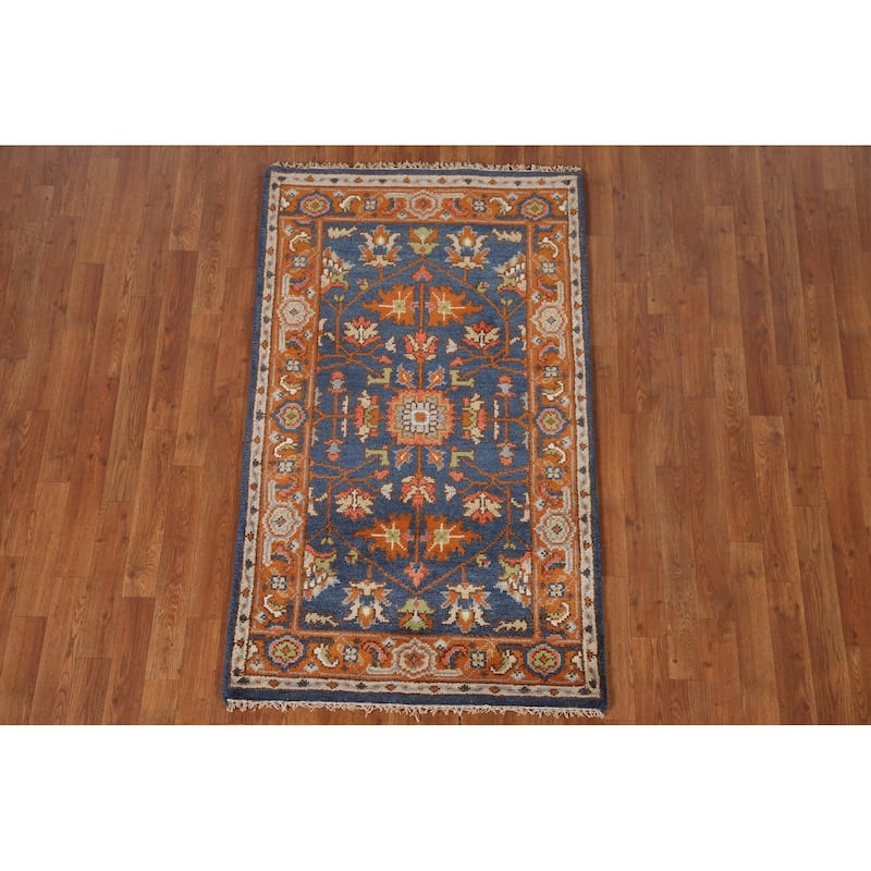 Blue Floral Heriz Serapi Indian Accent Rug Handmade Wool Carpet - 3'0"x 5'0"