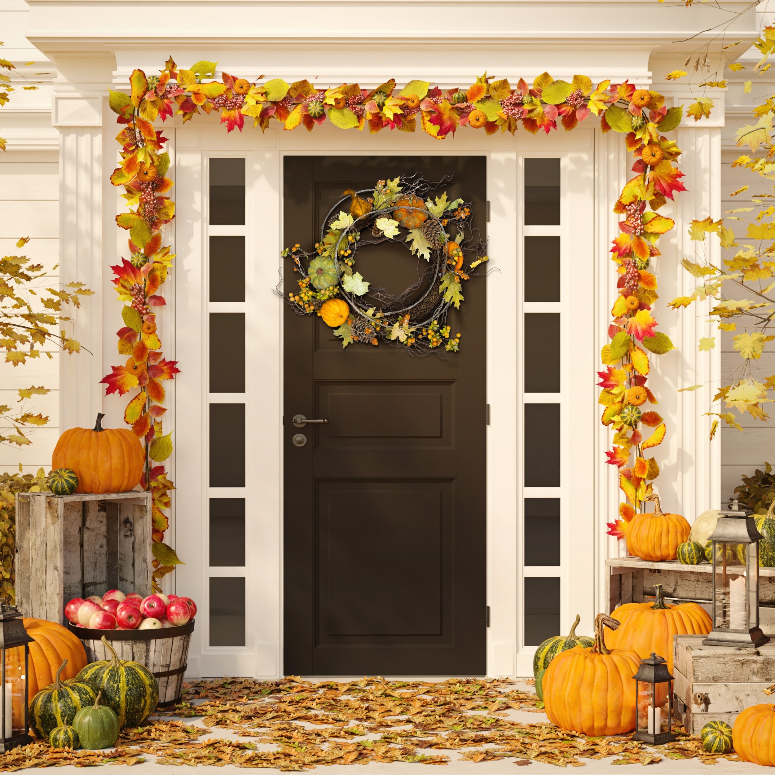 SAFAVIEH Nuran Faux 24 Inch Oak Leak Wreath with Pumpkins - 24" W x 24" D x 7" H - 24Wx24Dx7H