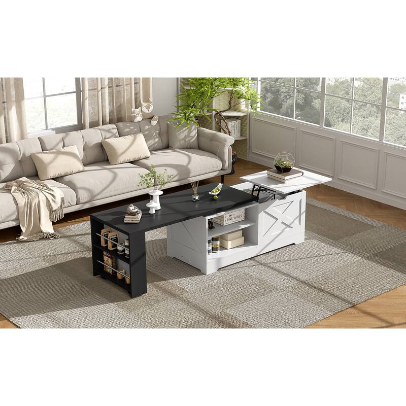 Farmhouse Lift Top Coffee Table, Wood Rectangular Center Table with Hidden Storage, Barn Doors, Open Cabinet