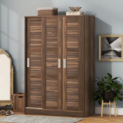 Mid-century Shutter Wardrobe Freestanding Storage Closet with 3 Shutter Sliding Doors and Shelves for Bedroom