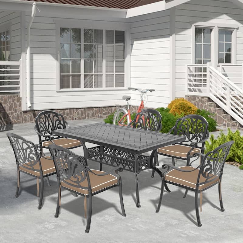 5/7-Piece Cast Aluminum Outdoor Dining Set with 59.06'' L X 35.43'' W Rectangular Table and Random Color Seat Cushions - Black( 7-Piece Sets-A)