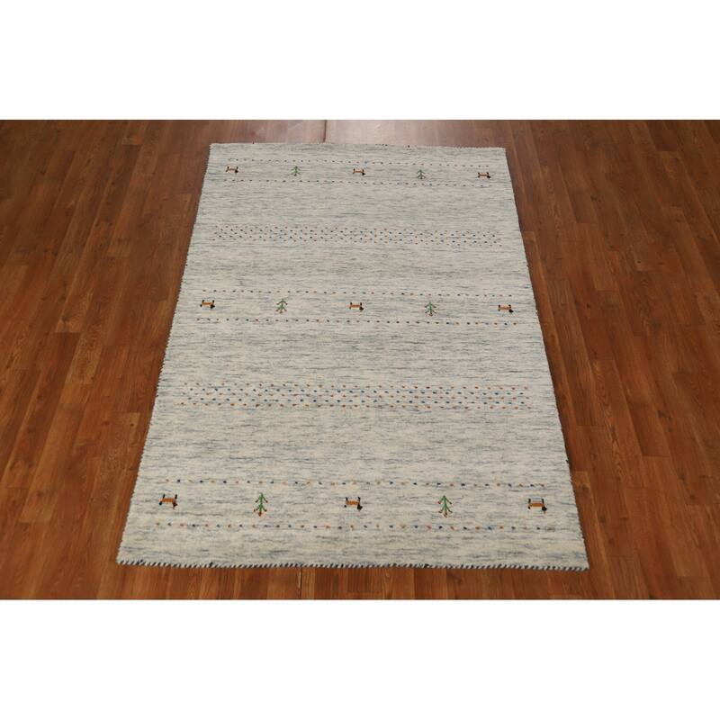 Tribal Gabbeh Oriental Area Rug Beige Handmade Wool Carpet - 4'0" x 5'10"