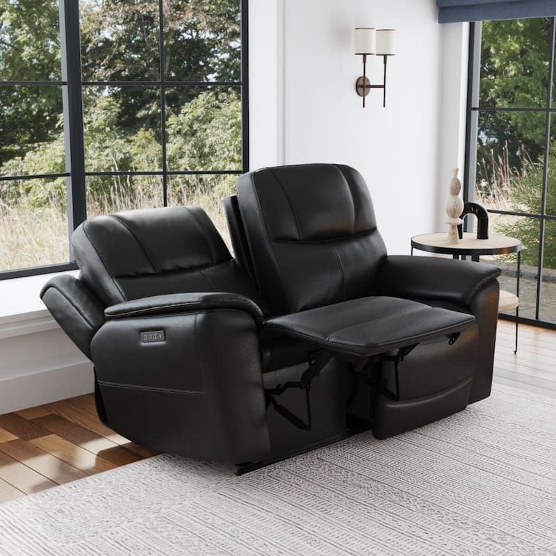 Crew Top Grain Leather Power Reclining Loveseat with Power Headrests & Lumbar - Raven